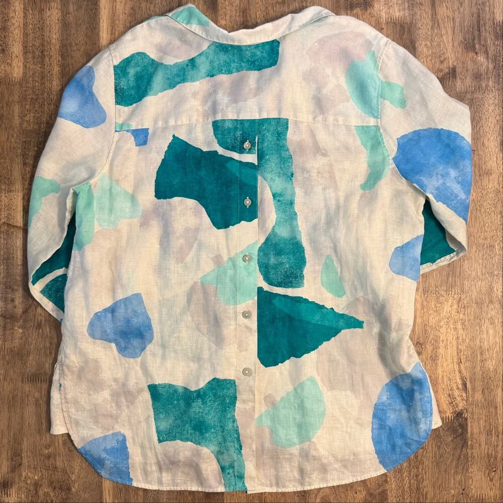 Chico's 100% Linen Blouse Watercolor 3/4 Sleeve Popover Cream Women's (2) US 12 - Picture 8 of 8